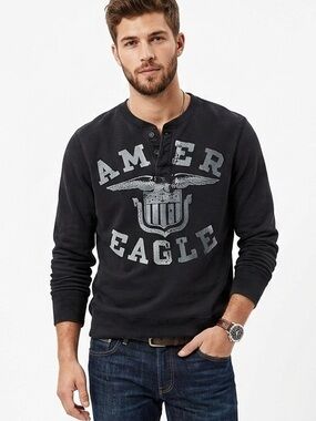 American Eagle Mens Vintage Fit Black Henley Graphic Logo Sweatshirt Size M 1858